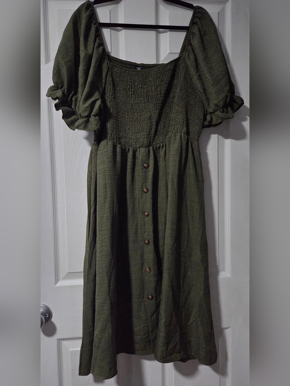 Olive Green Button-Front Smocked Midi Dress